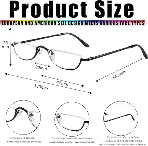 Miniatura 4 de 2 pares de anteojos de lectura de medio marco para mujeres y hombres, lentes delgados de media luna, lentes de metal semi sin montura +3.0