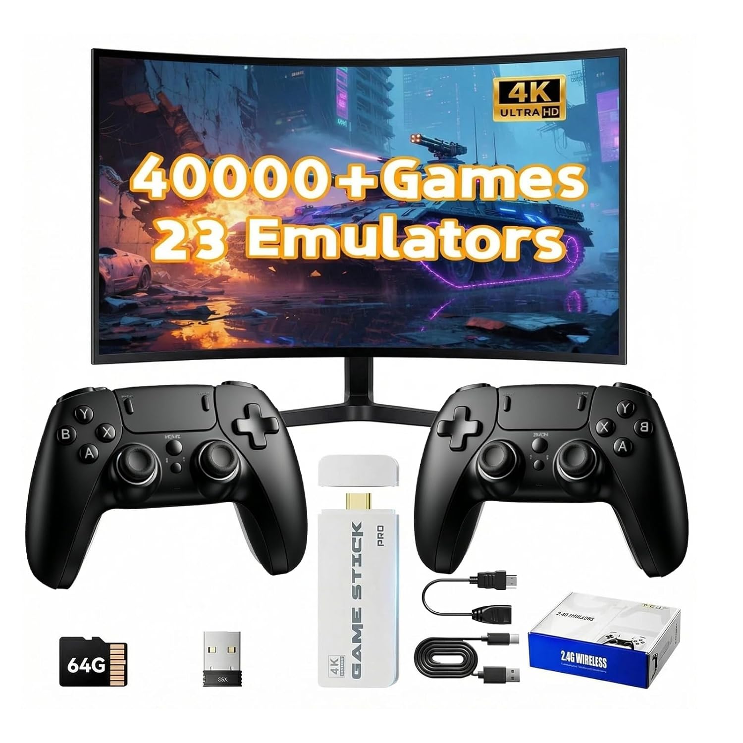 Retro Game Console Stick 4K for TV, Built-in 40,000+ Classic Games, 23 Emulators Video Gaming System, Plug and Play HDMI Game Stick with 2 Wireless Controllers, No WiFi Needed(Black)