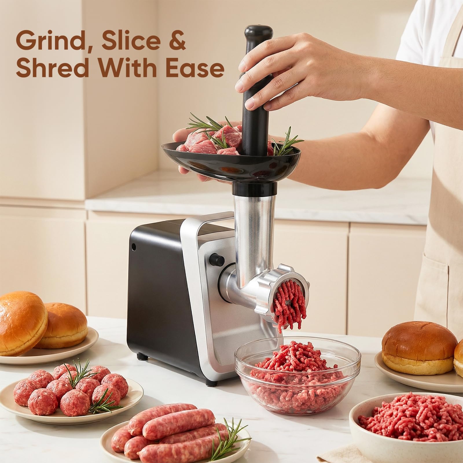 Picadora de Carne Eléctrica, 1000W máx Molino de Carne de Acero Inoxidable con 3 Discos Perforados, Embutidora, Fabricante de Kubbe y Kit de Albóndigas, Negro