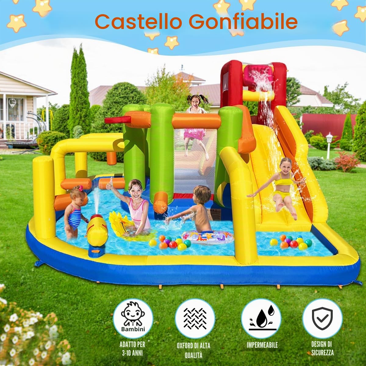 Baralir Castello gonfiabile XXL con acquascivolo e ventilatore, ideale per giardino, casa gioco perfetta per bambini all'aperto, esperienza di parco giochi sicura
