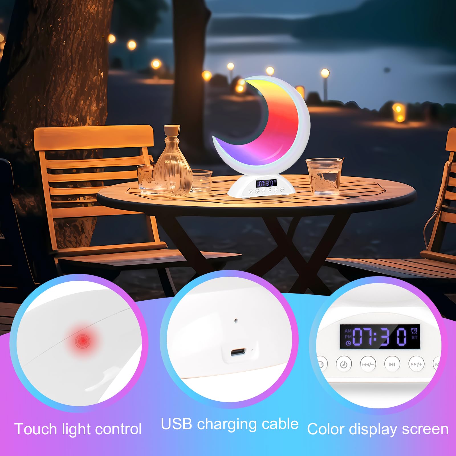 Lampada da Comodino a Forma di Luna, Luce Notturna con Altoparlante, Sveglia da Comodino Musicale, 20 Colori di Luce, USB Lampada Notturna Dimmerabile per Cameretta, Soggiorno