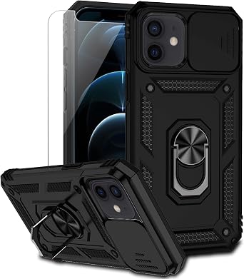 for iPhone 12 / iPhone 12 Pro Case with Camera Lens Cover HD Screen Protector, Military Grade Drop Protection Magnetic Ring Holder Kickstand Protective Phone Case for iPhone 12 / 12 Pro Black