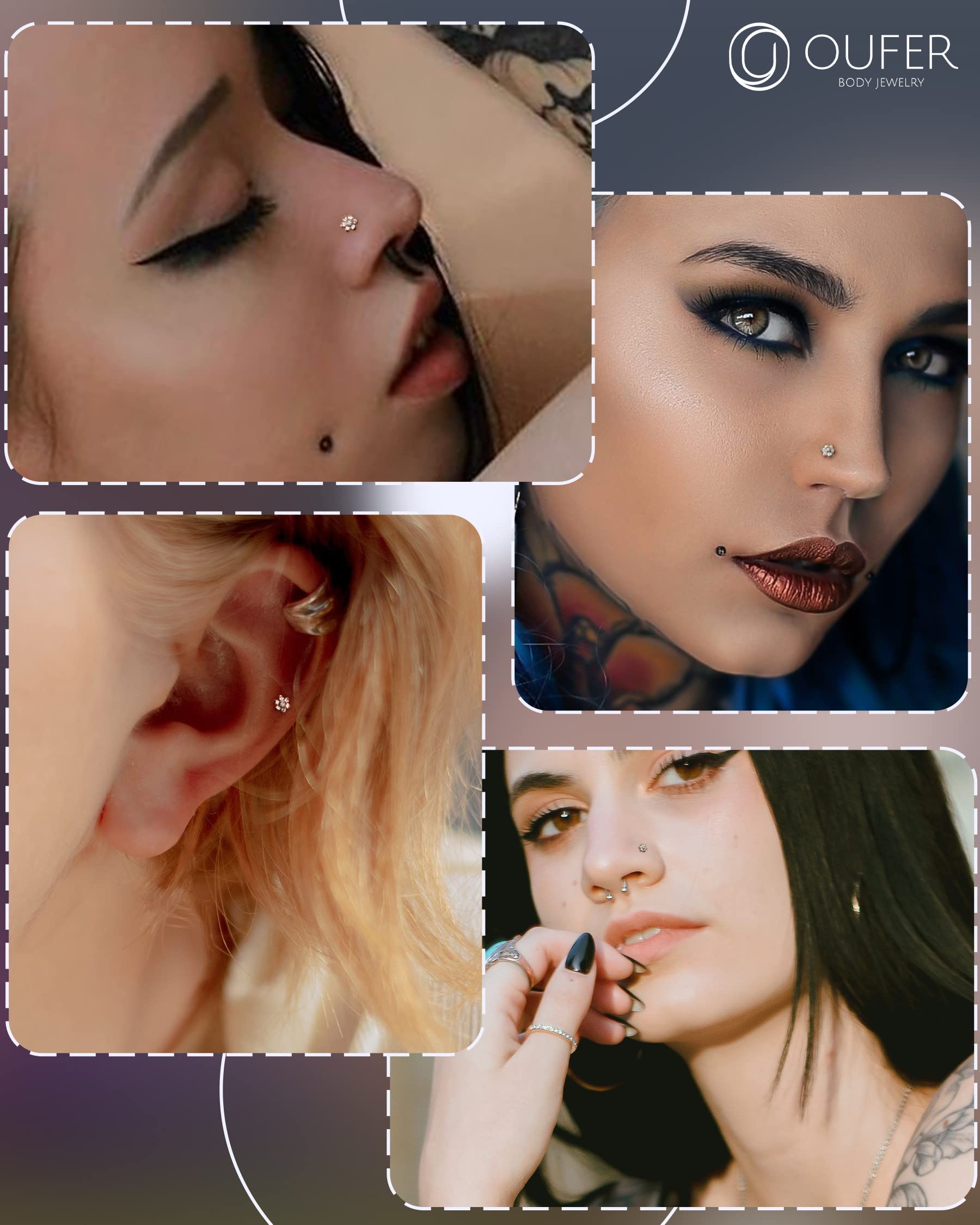 OUFER 20G Nose Screw Studs, Flower Designed Clear CZ Paved Push-in Nose Rings, G23 Solid Titanium Nose Studs, Nostril Piercing Jewelry for Women and Men