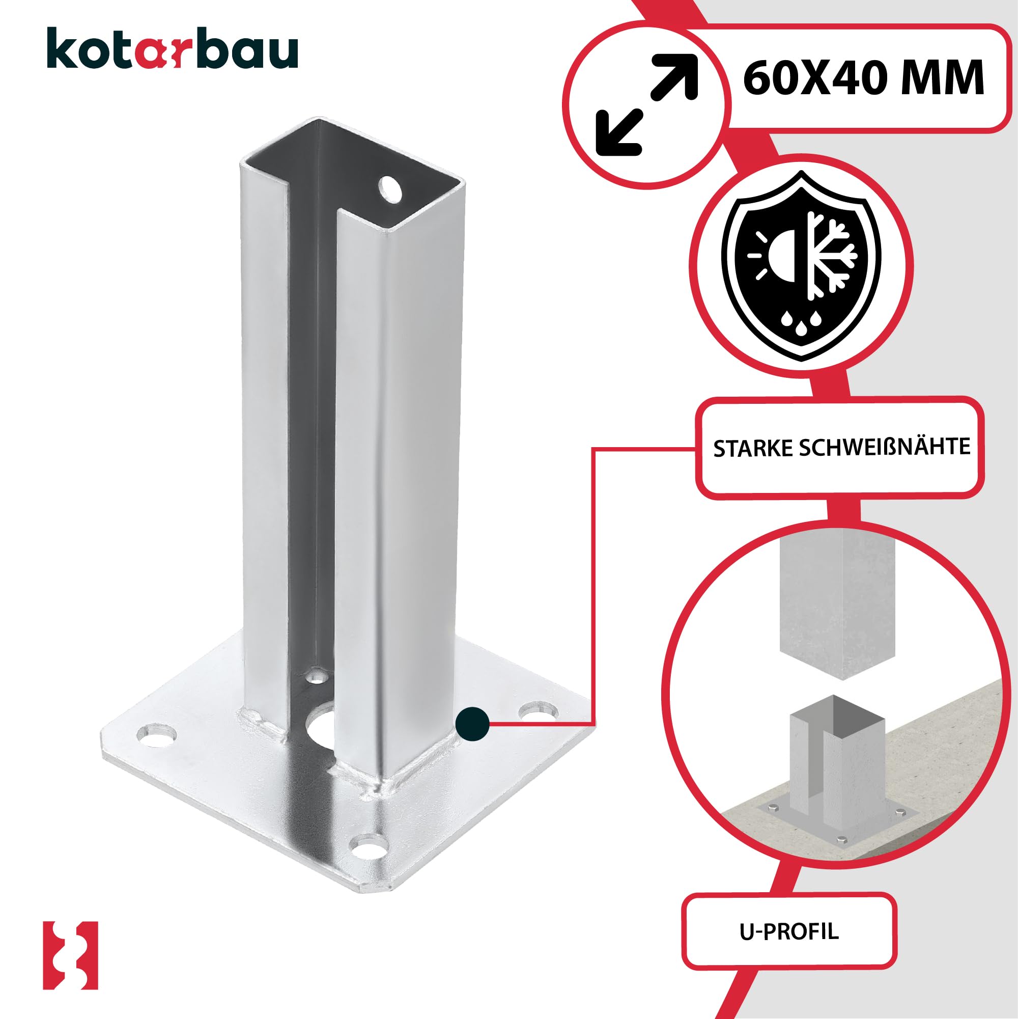 KOTARBAU® Fissaggio Pali - Supporto per Pali - da Avvitare - Acciaio Zincato - 60x40 mm - Argento - Staffa Travi - Supporto Palo
