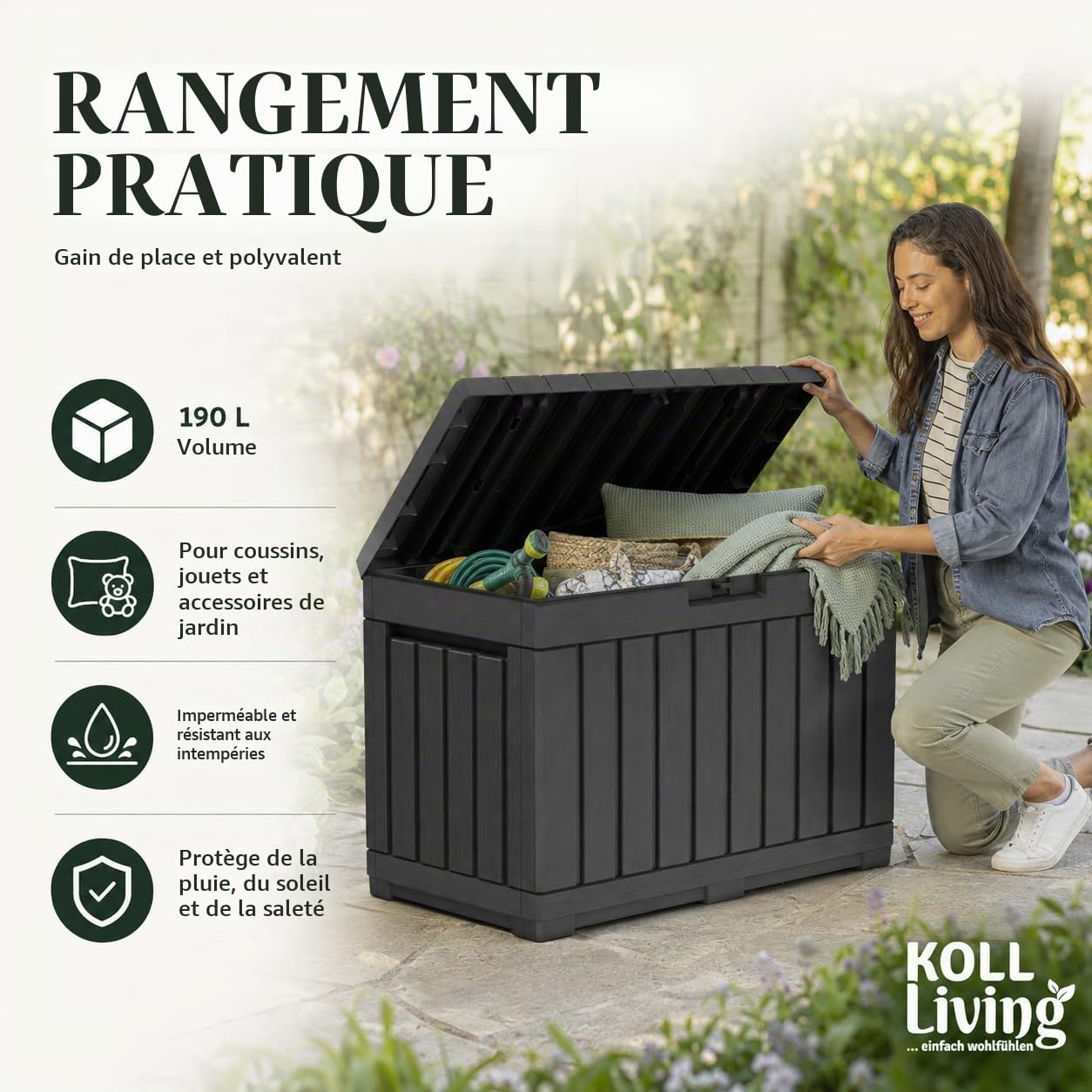 Koll Living Boîte de jardin de 190 l - Anthracite - Boîte de rangement compacte avec beaucoup d'espace pour les coussins de siège, les outils de jardin ou les jouets pour enfants - Garde le contenu au