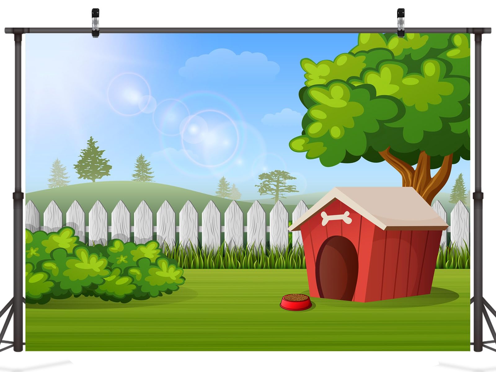 CORFOTO Fabric 7x5ft Outdoor Red Doghouse Backdrop Cartoon Farm Fence Dog House Background Green Grass Kennel Backdrop for Dog Pets Photography Pet Photo Booth Props Dogs Birthday Banner: 12x8FT N2-a18993