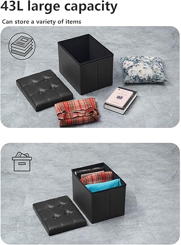 Miniatura 5 de Otomana de almacenamiento, taburete plegable con asiento acolchado de espuma más gruesa, otomana pequeña de almacenamiento de cuero, banco Negro