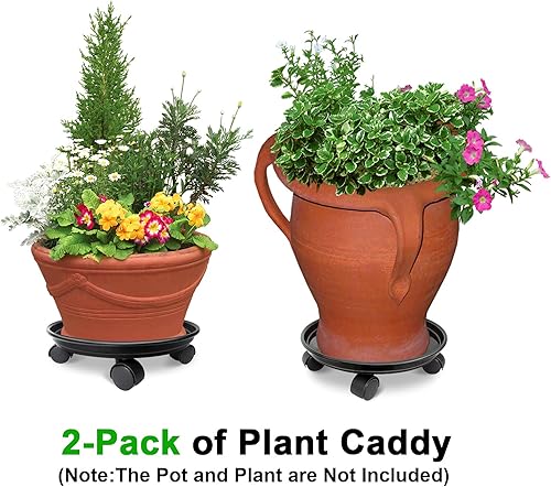 Miniatura 2 de Paquete de 2 bandejas para plantas de 14 pulgadas con 5 ruedas, motriz de macetas redondas, carrito rodante para interiores y exteriores, color negro