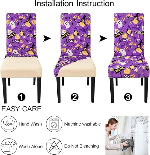Miniatura 6 de JQinHome Juego de 6 fundas para silla de Halloween color morado, fundas protectoras para silla de tela de araña, lavables de alta elasticidad para