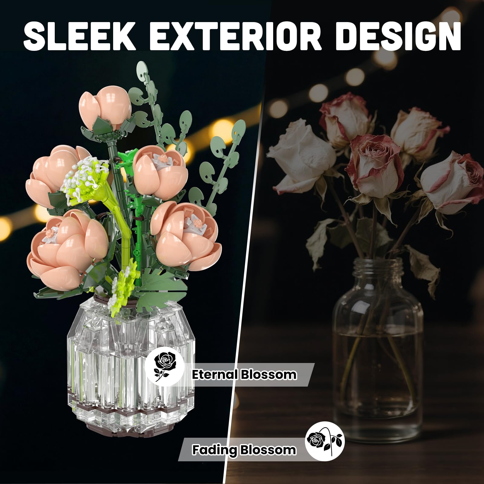 Mould King 24109 Klemmbausteine Blumen Rosa Rosen Blumen Bausteine mit Vase Pflanzen Bausteine Botanical Collection Geschenk für Erwachsene (981 Teile)