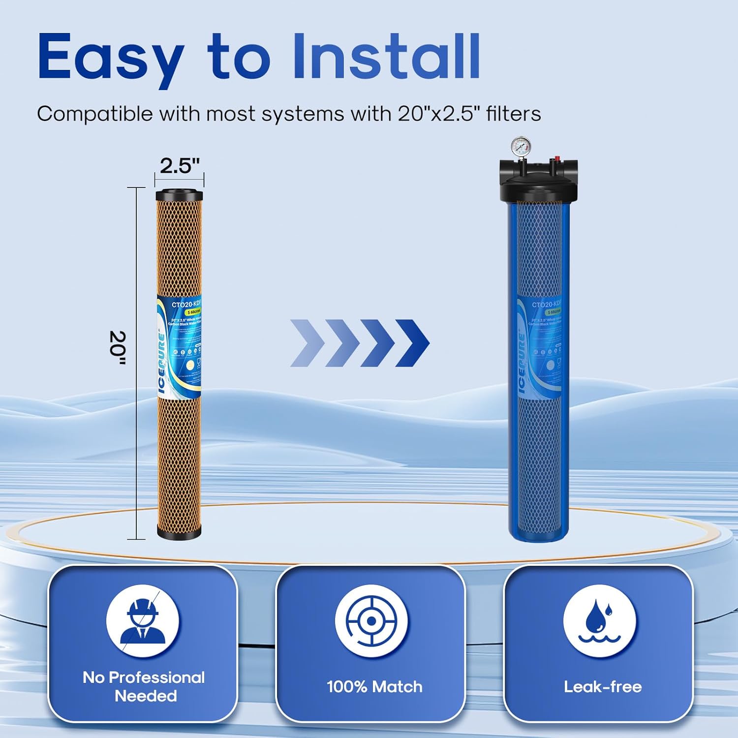 ICEPURE 5 Micron 20" x 2.5" Whole House Activated Carbon and KDF Water Filter Cartridge, Heavy Metal Removal Filter Replacement for EP-20, C1-20, F3WCB32, CTO20-KDF, 1PACK - Image 5