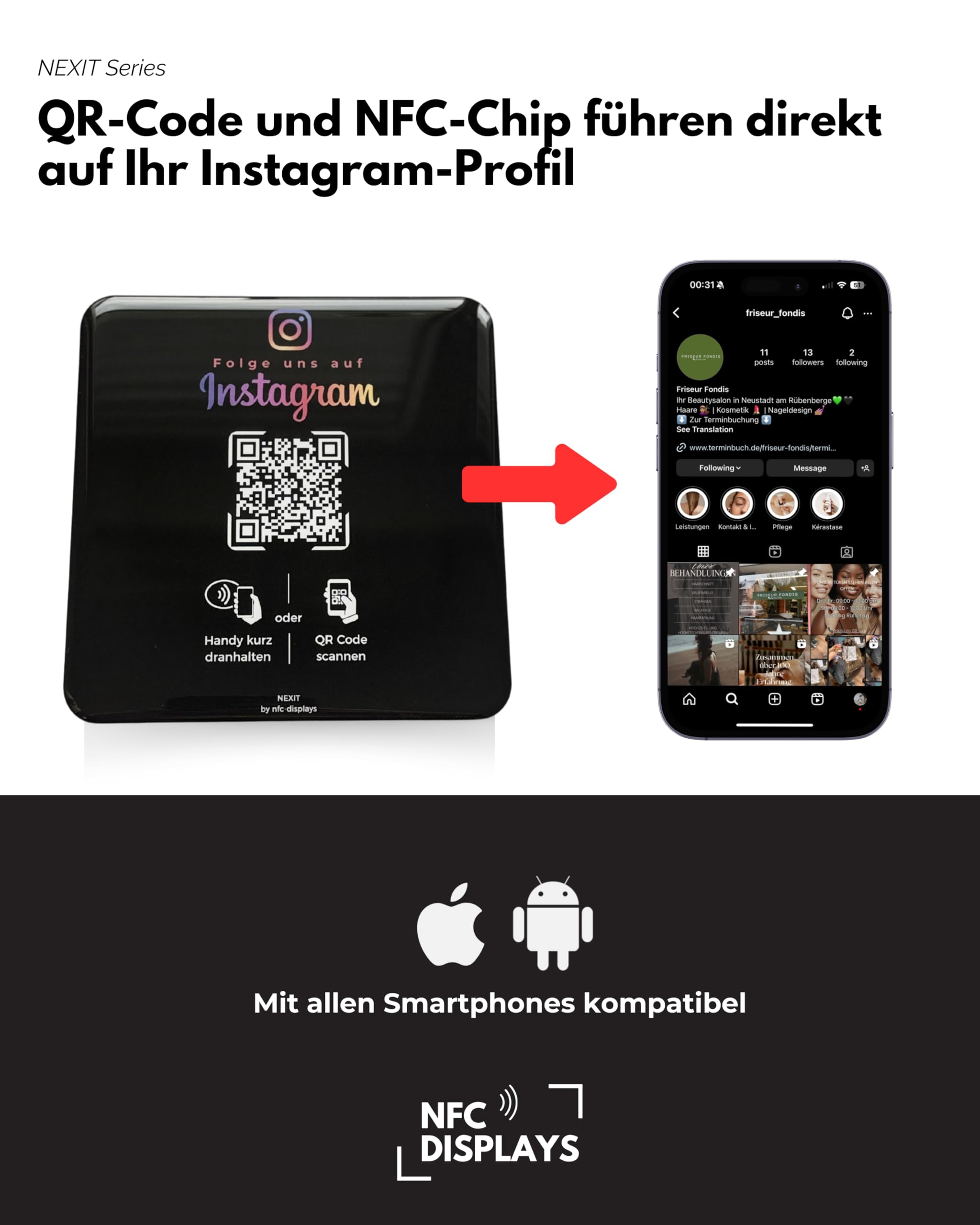 Karte/Schild für Instagram mit QR-Code und NFC (12x12cm selbstklebend) - schwarz