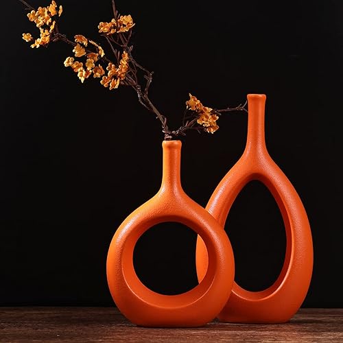 Miniatura 6 de Juego de 2 jarrones elípticos huecos de cerámica naranja, jarrón circular bohemio con agujero, para decoración moderna de mesa naranja, decoración