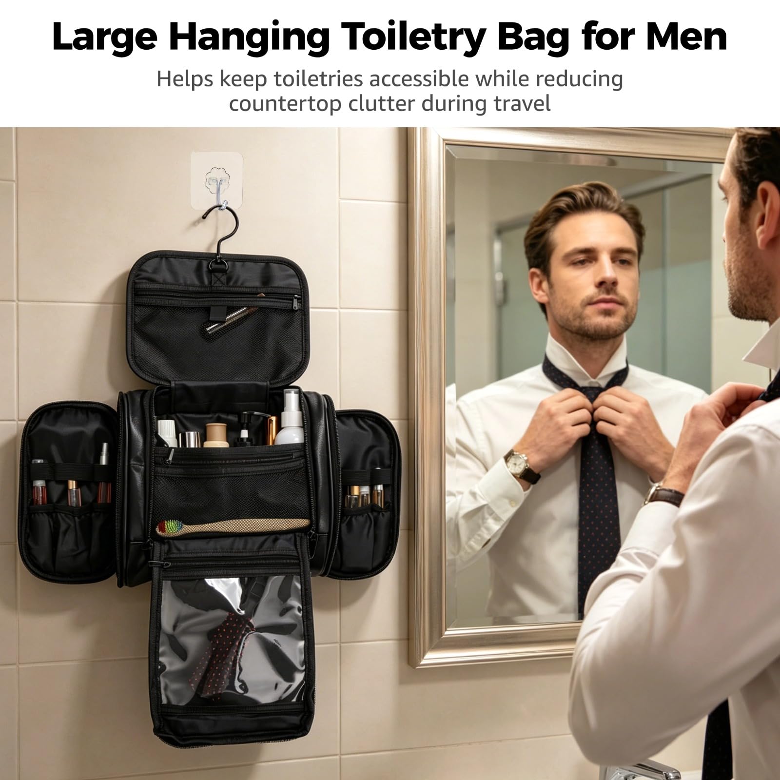 Neceser colgante para hombre, organizador grande de piel sintética con gancho giratorio, estuche de almacenamiento de higiene con cremallera para kit de afeitado, artículos esenciales de aseo