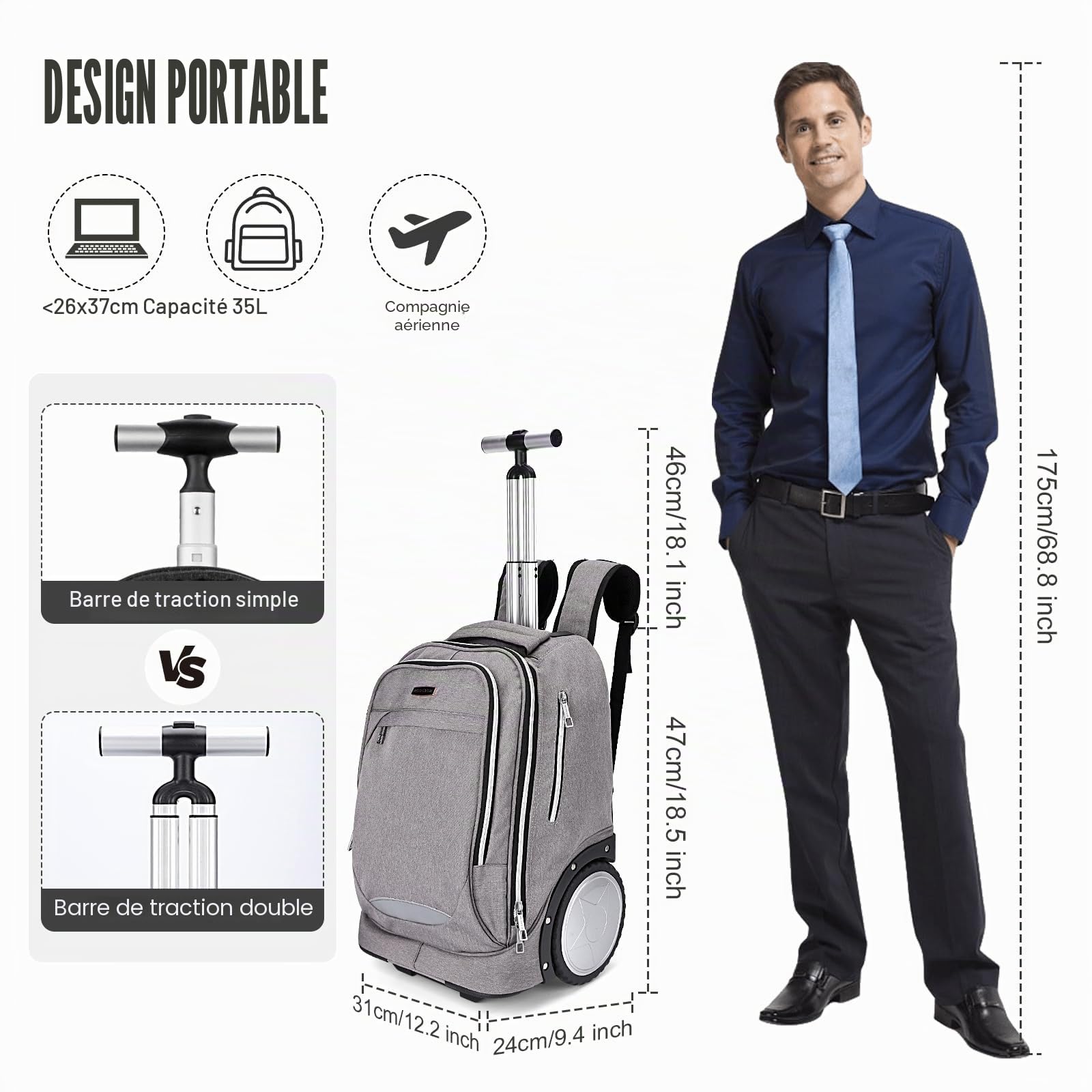 Hivexagon Sac à Dos à roulettes, Sac à Dos Roulant avec Roues de 7 Pouces – Poignée télescopique renforcée,Compartiment pour Ordinateur Portable, Idéal pour Les Affaires et Les Voyages – Gris