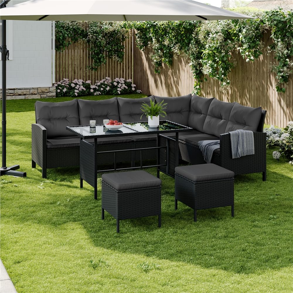 Yaheetech Set Mobili da Giardino in Rattan PE con 1 Divano ad Angolo 1 Tavolo 2 Pouf, Mobili Esterni 7 Posti con Cuscini per Patio Balcone Terrazza, Nero e Grigio