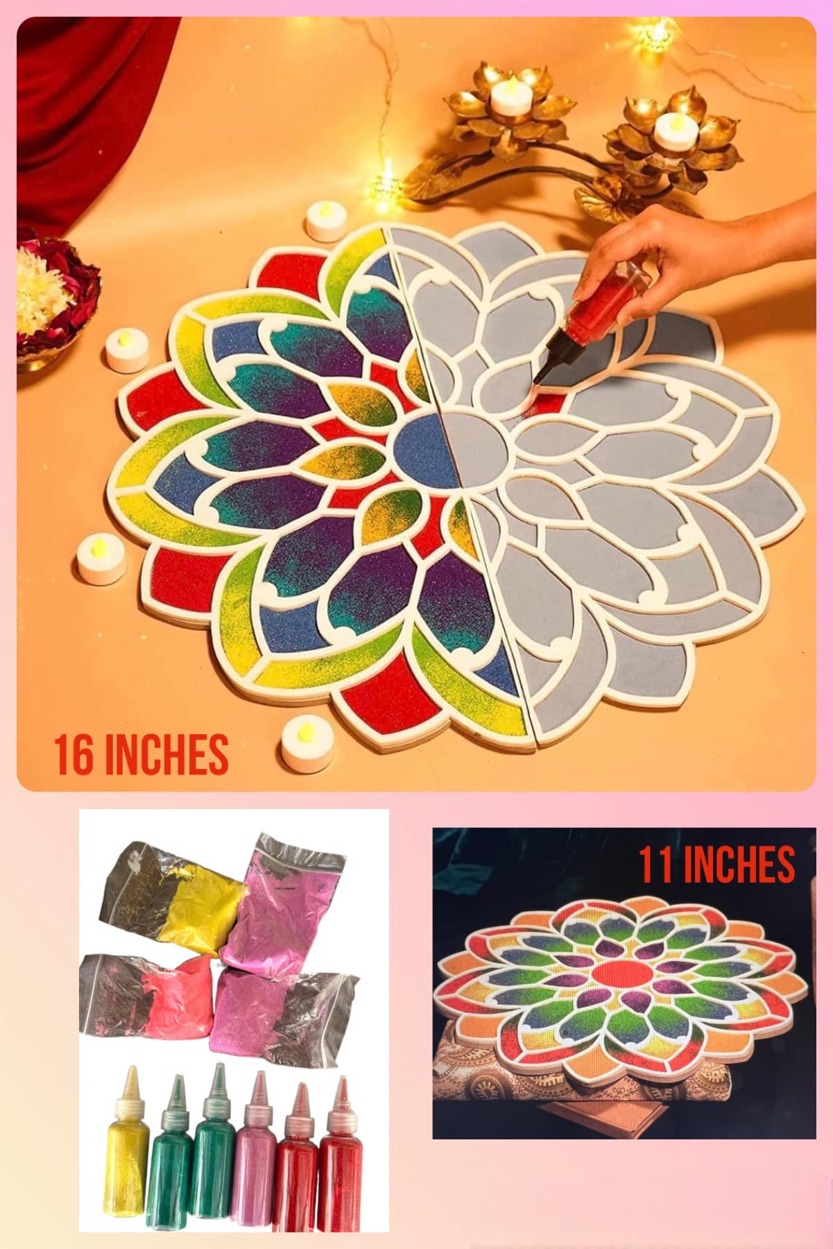 Riddhi Rangoli Making Tools Kit - Waterproof Templates (16, 11 inches) Reusable Designer Stencils for Home Pooja Diwali Decoration with Color Bottles (Included)