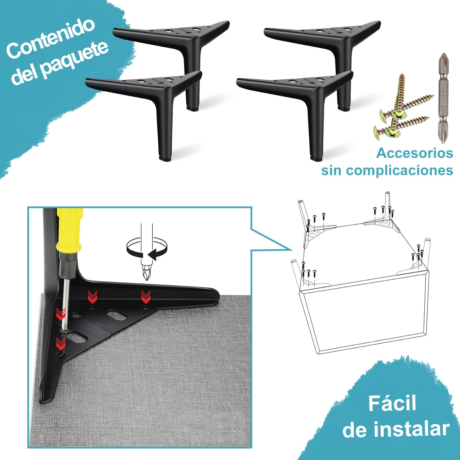 Patas de Mueble 18 cm, Patas de Metal para Muebles Juego de 4 | Patas Cortas Modernas Negras DIY, Soporte Resistente, Reemplazo para Armario, Cómoda, Aparador, Mesita de Noche, Sofá