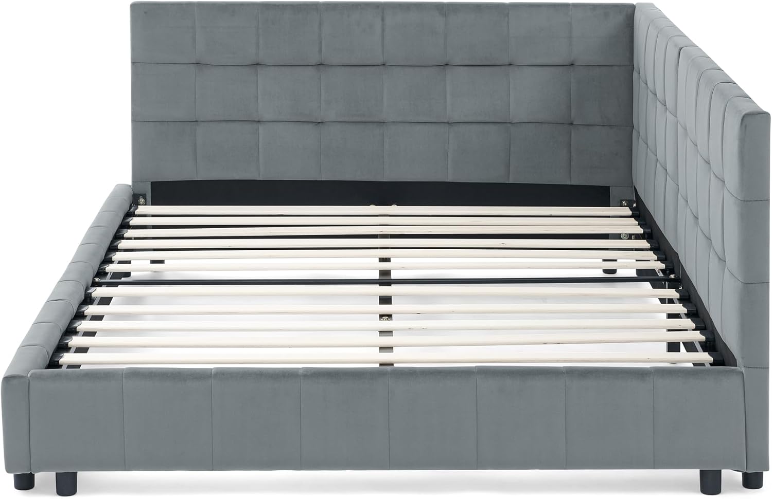 Yoglad Corner Bed Frame Full Size, Velvet Upholstered Daybed with A Backrest and Armrest/No Box Spring Needed/Strong Wooden Slats/Easy Assembly/Grey