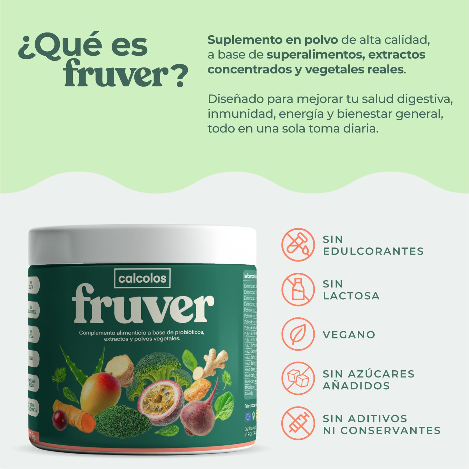 Fruver Super Greens en Polvo – Jugo Verde con 19 Superalimentos Naturales | Spirulina, Cúrcuma, Aloe Vera y Probióticos | Digestión Ligera, Energía y Vitalidad | Sin Azúcares Añadidos