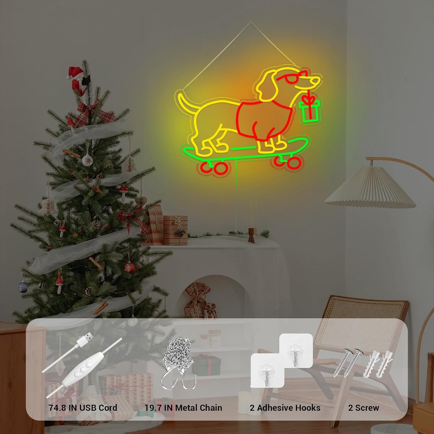 Christmas Led Sign, Gift for Dachshund Women, Dimmable Dog Lover Gift for Christmas Decorations USB Powered 16.6x13.4in - Image 4