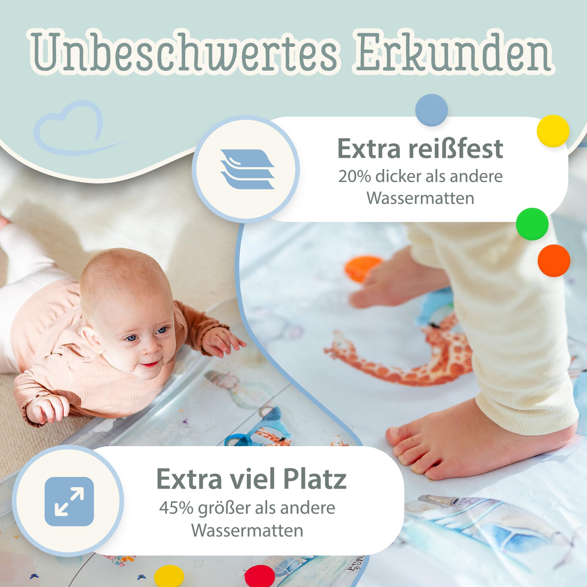 TummyTime Wassermatte XXL by Freudeskind, Baby Wasserspielmatte, 100% Phtalate- & BPA-frei ab 0, 3, 6, oder 9 bis 24 Monate, Sensorische Montessori Spielmatte, Babyspielzeug Bauchlage
