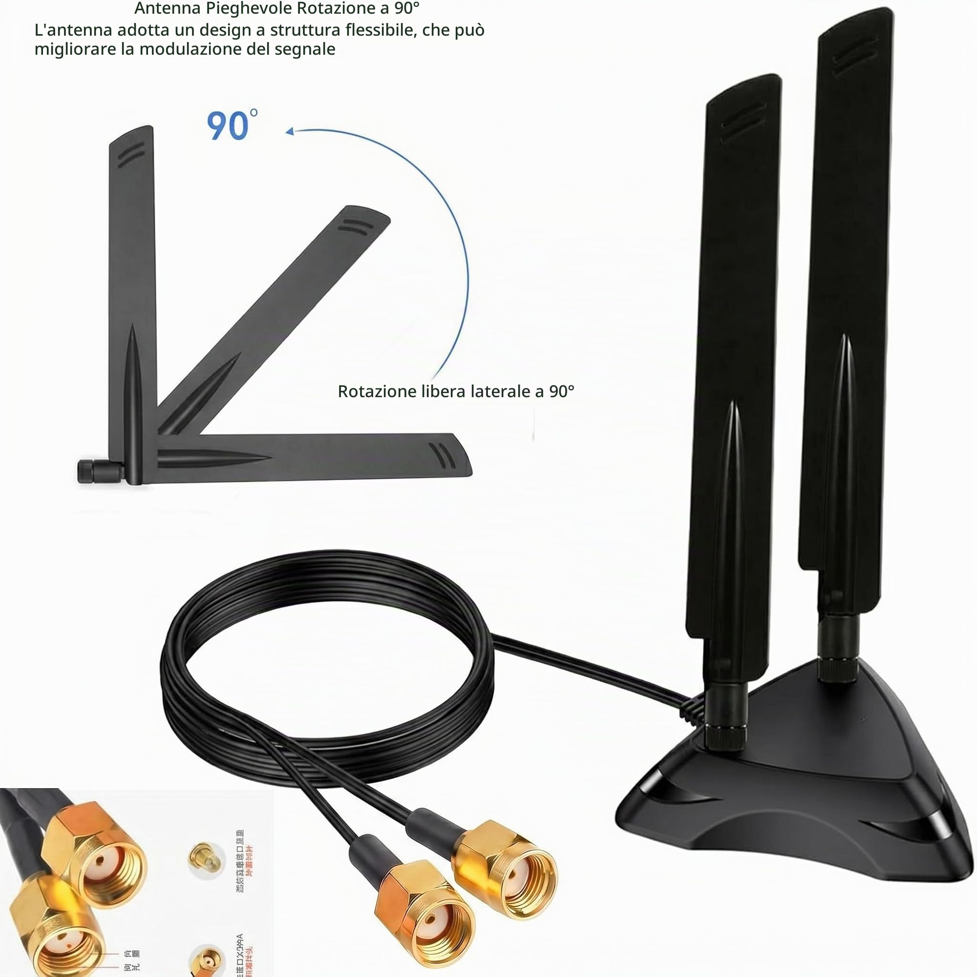 Antenna wireless Dual Band 2.4GHz 5GHz 5.8GHz RP-SMA Gaming WiFi 6E 802.11ac/ax con Base Magnetica per Intel AX201 AX200 PCIe NGFF Scheda WiFi USB PC Desktop Router di Rete Wireless