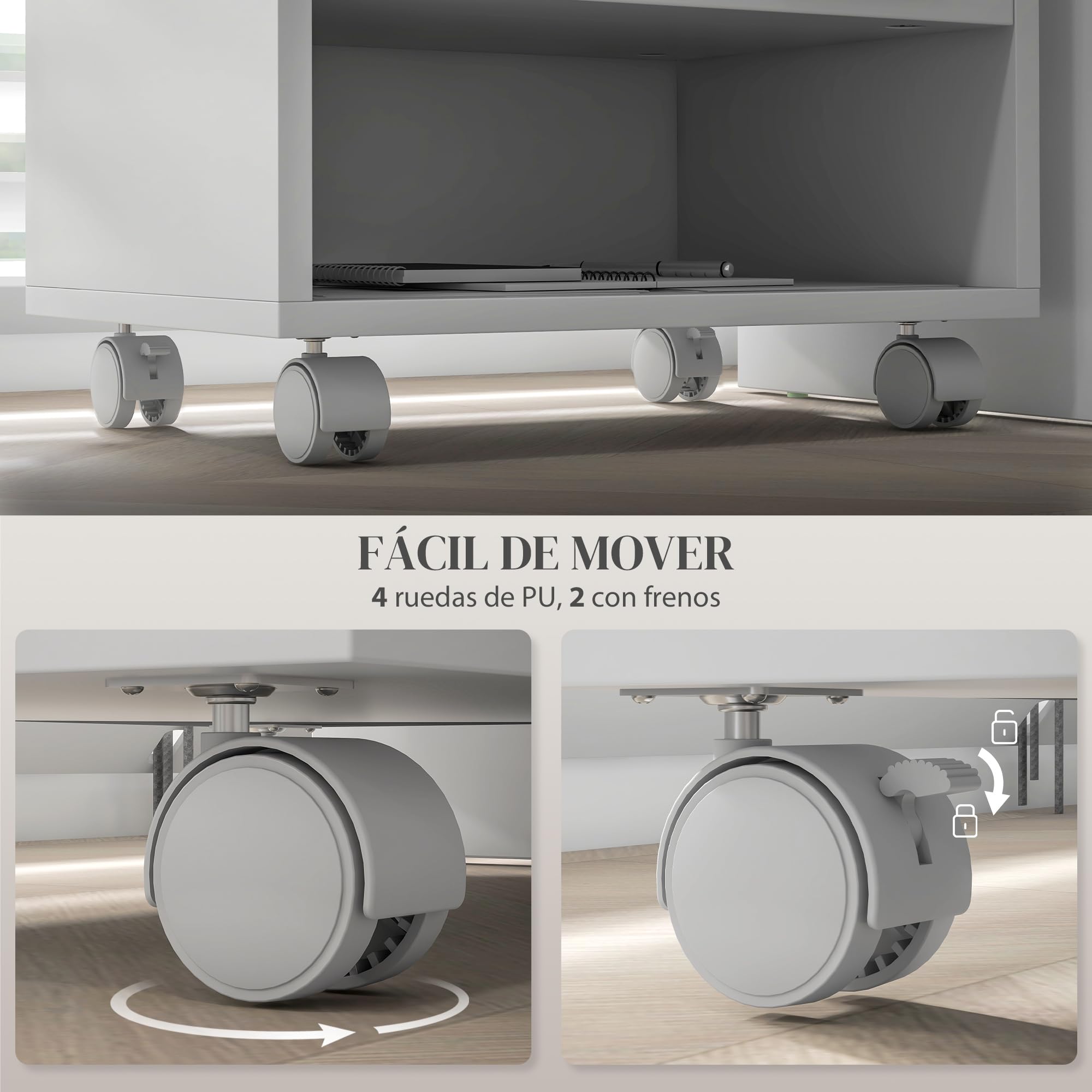 HOMCOM Mueble de Impresora con Ruedas Soporte de Impresora con Compartimentos Abiertos para Oficina Estudio 40x30x36 cm Blanco