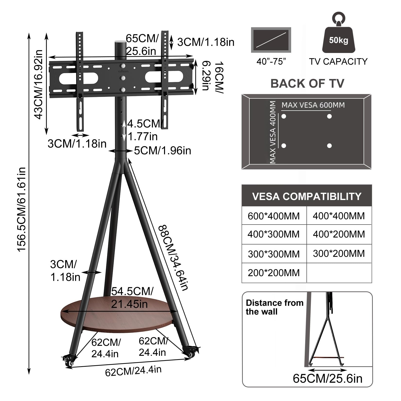 UNHO Supporto TV da Pavimento con Ruote 40-75 Pollici Peso Max 50kg Nero | Porta TV con Ruote Cavalletto Treppiede, Max VESA 600x400mm, Legno Ripiano, Regolabile in Altezza, Design moderno