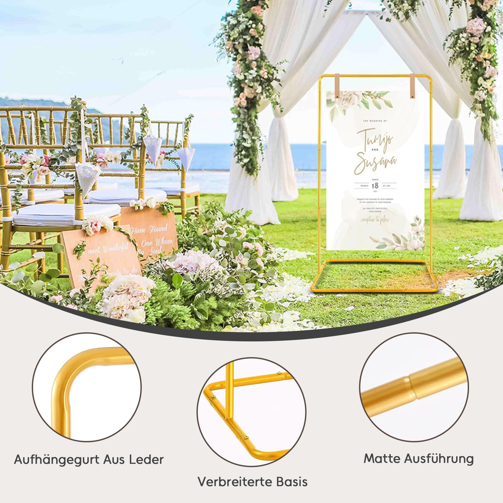Hochzeitsschild-Halter, 173x80x50cm, Hochzeits-Willkommensschild mit 4 Lederriemen, Hochzeitsständer geeignet für Hochzeitsschilder, Posters, Sitzplan, Reception and Decor (Gold)