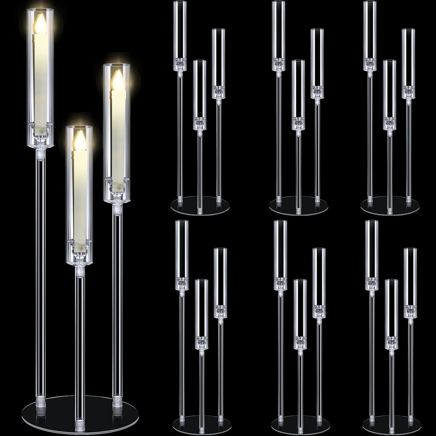 Layhit 6 Set 3 Arm Acrylic Candelabra Table Centerpiece Wedding Tall Floor Candle Holder with Shade Pillar Taper Candle Stand for Easter Dining Party Anniversary Fit 0.87 LED Candle(30.7",Clear)