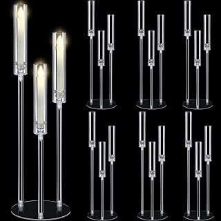 Layhit 6 Set 3 Arm Acrylic Candelabra Table Centerpiece Wedding Tall Floor Candle Holder with Shade Pillar Taper Stand for Christmas Halloween Dining Party Anniversary Fit 0.87 LED Candle(30.7",Clear)