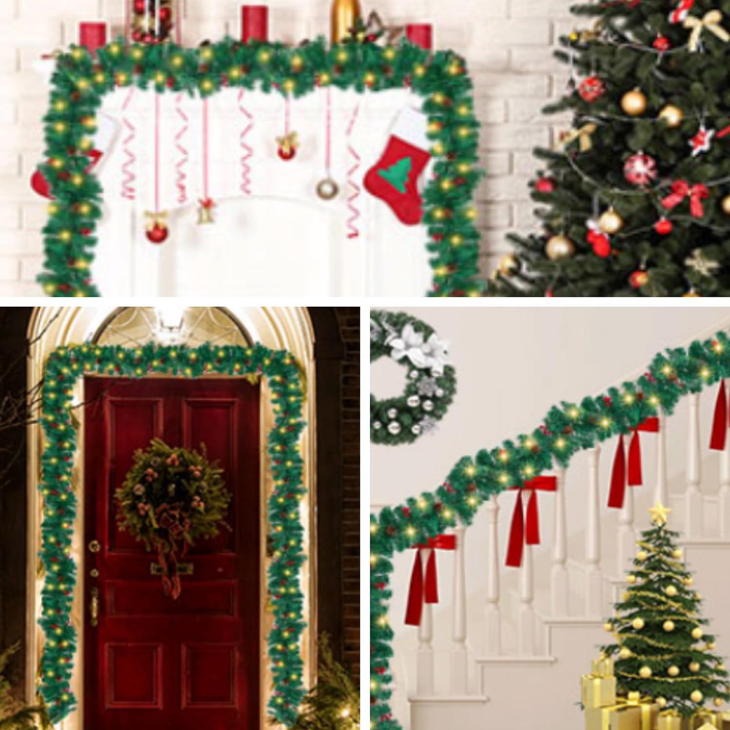 Guirnalda de Navidad iluminada de 9 pies, decoración Festiva para Exterior/Interior, Ramas de Pino Verde con Bayas Rojas y Conos de Pino, Resistente al Agua, 50 Luces cálidas con Temporizador