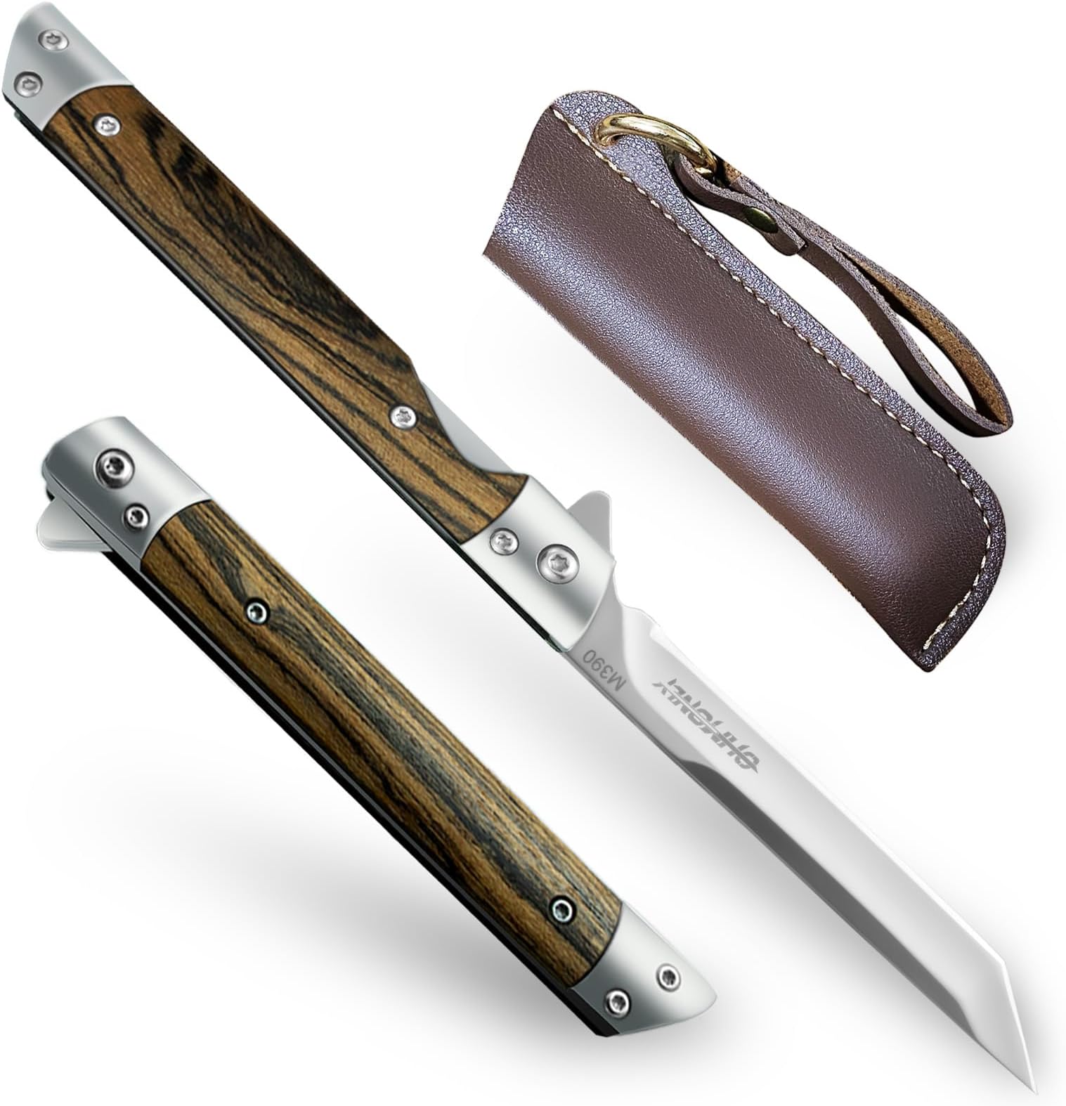 Pocket Knife for Men, 3.5 inch Folding Knife with Wooden Handle and Leather Sheath, Edc ​Tanto Knife for Men and Women