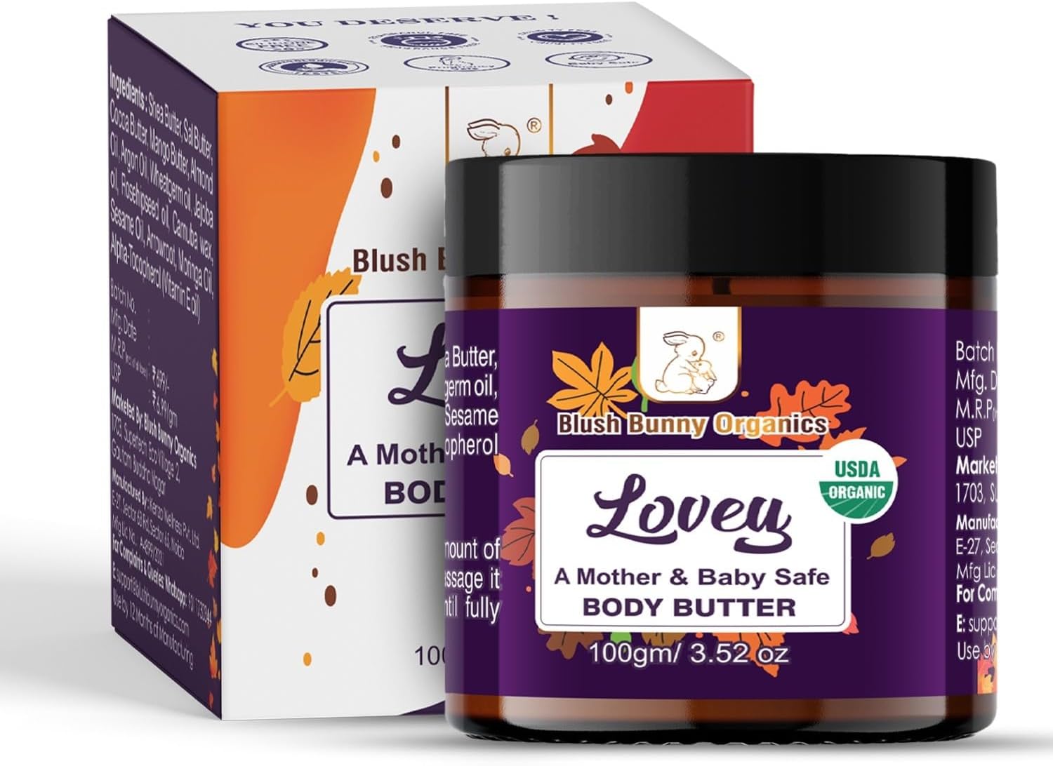 Blush Bunny Organies Lovey Mother & Baby Safe Body Butter Cream, Natural, Vegan & Non-Toxic With Organic Cocoa & Shea Butter, Pregnancy & Baby Safe, Ideal For Dry Skin, 100g / 3.52oz