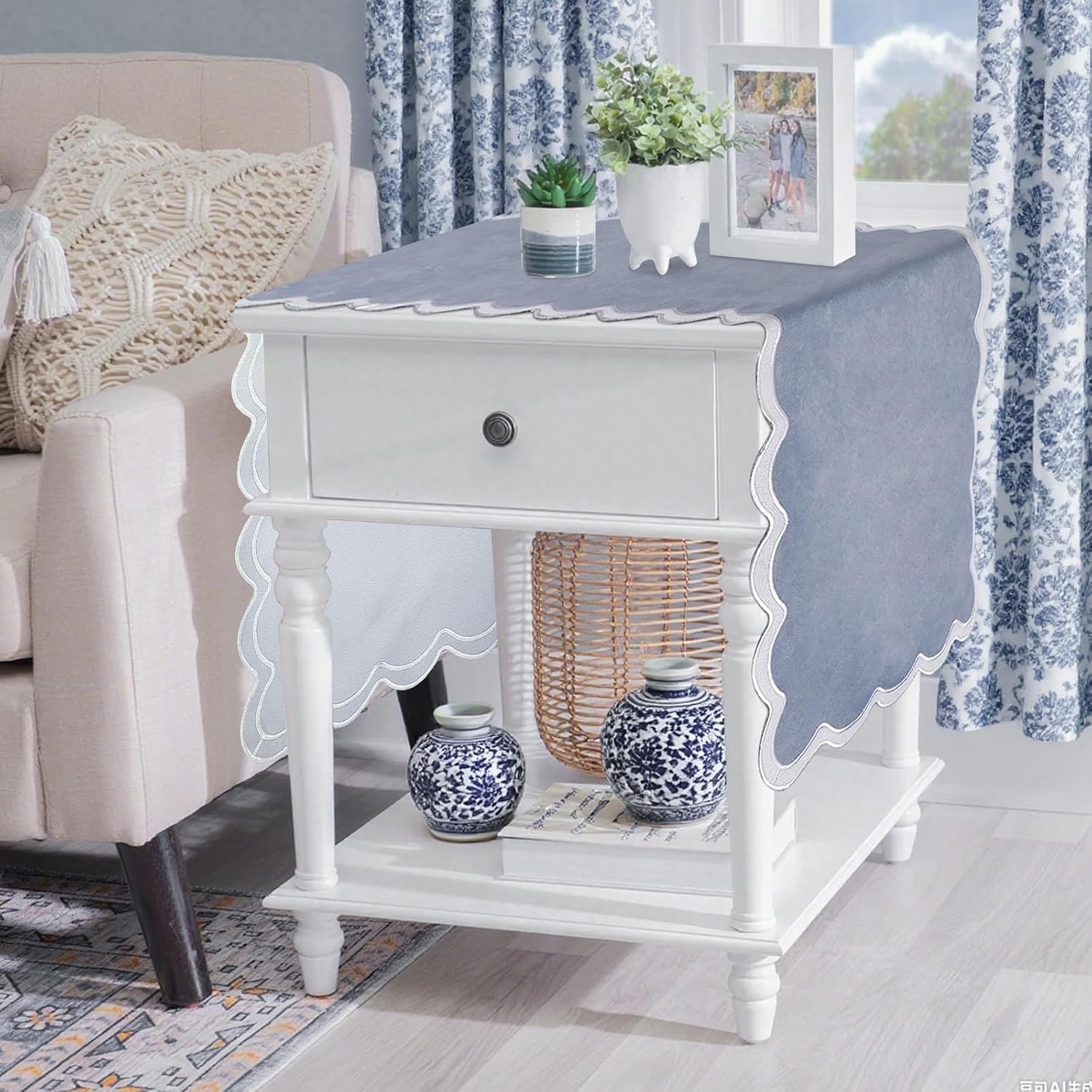 yuboo Small Dusty Blue Table Runner 15x36 Inch, Vintage Scalloped Coffee Table Cover Short, Farmhouse Dresser Scarf for Nightstand, End Table, French Country Summer Coastal Grand Millenial Home Decor
