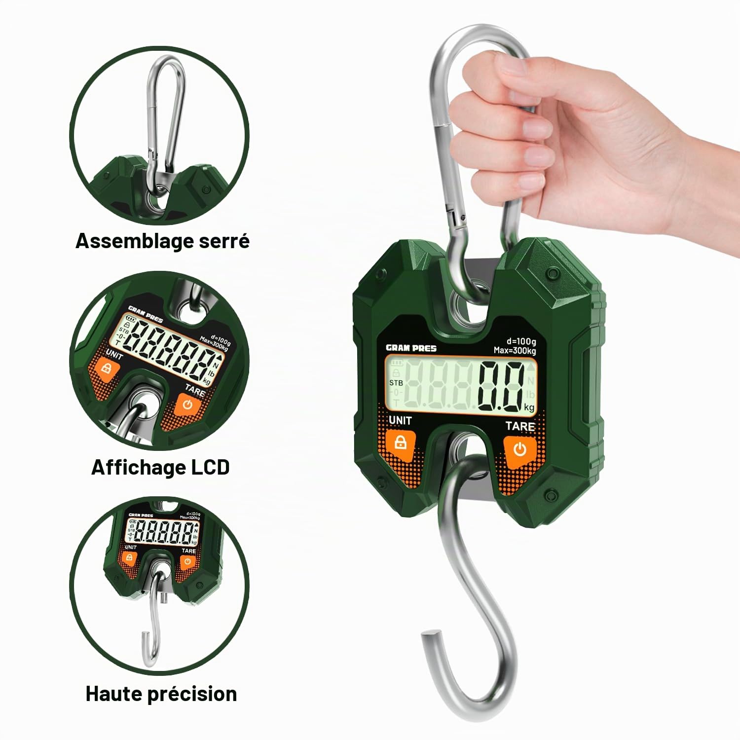 GRAM PRES Balance numérique suspendue 660 lb/300 kg, mini balance portable, balance de chasse au cerf, balance numérique avec crochet pour la ferme, le poisson, la viande, le gibier, l'extérieur