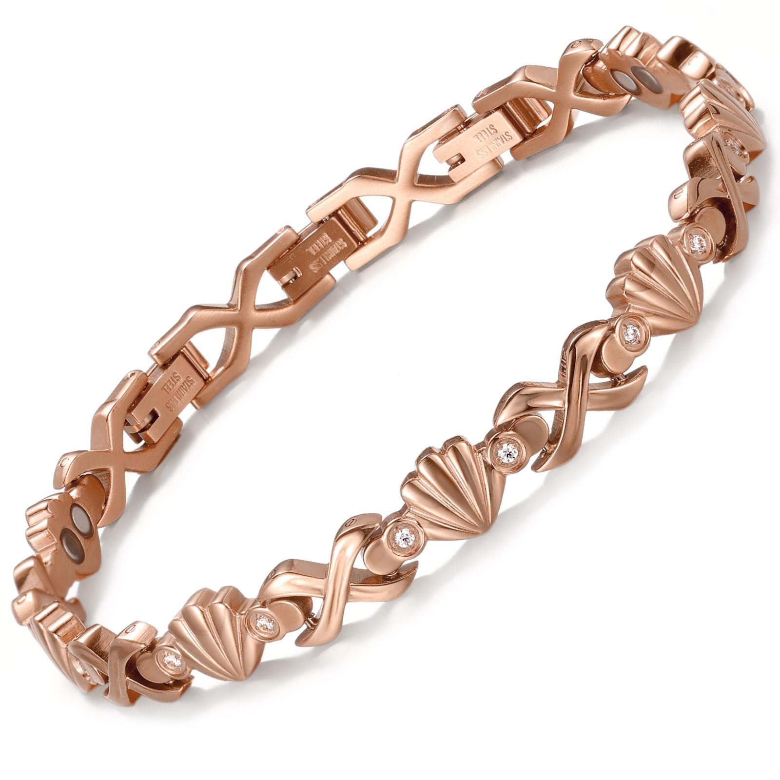 RainSo Bracelet magnétique pour femme en acier inoxydable, design coquillage avec incrustation de diamants, aimant puissant 3800 gauss, taille réglable, emballage cadeau élégant