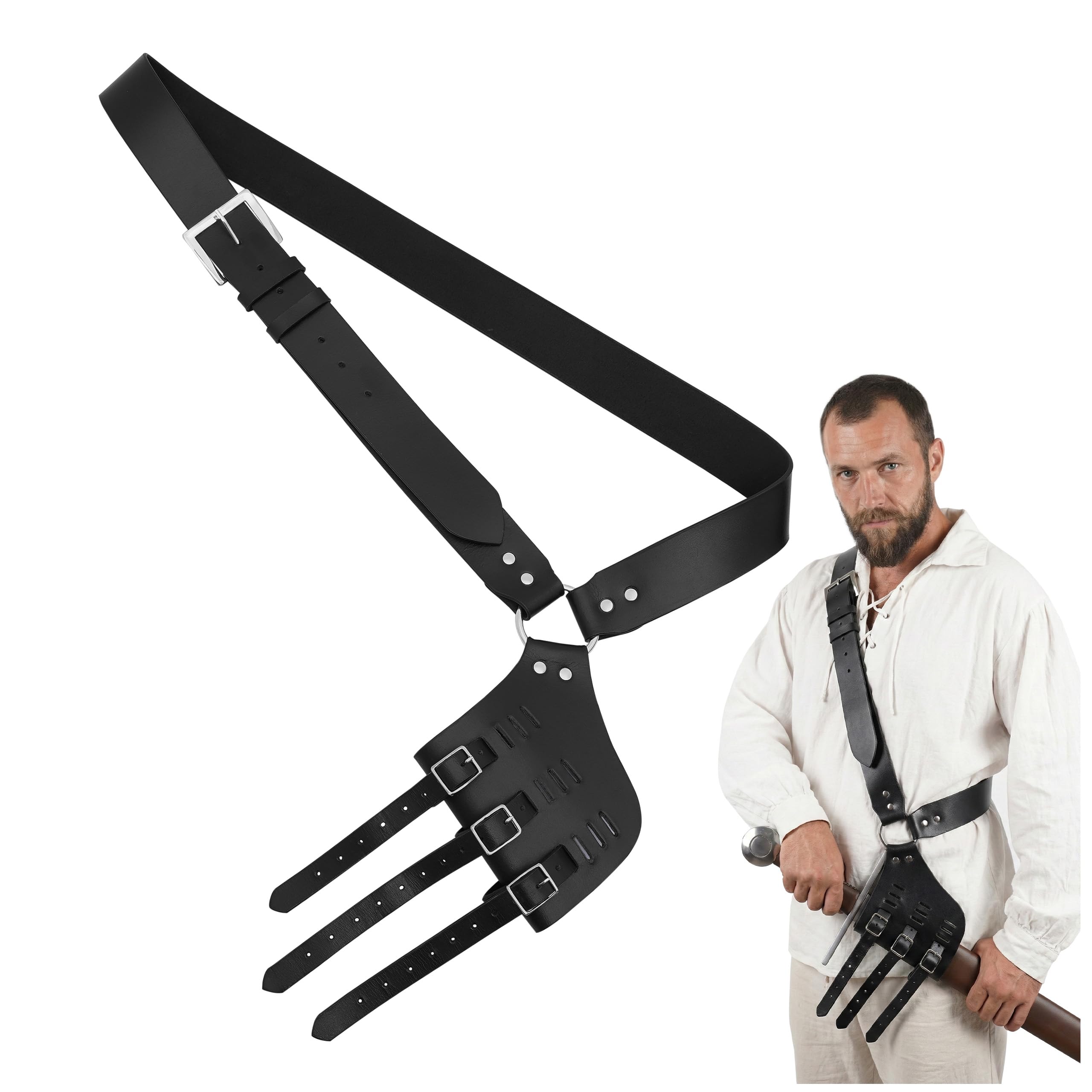Mythrojan Medieval Sword Genuine Leather Sword Adjustable Back Frog Sword Baldric Leather Sword Belt Medieval Dagger Holster for LARP, Medieval Events, Cosplay, SCA - Right Handed, Black