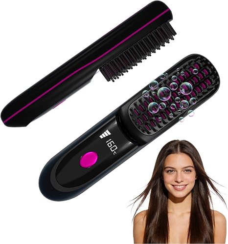 Go Brush Pro for Short Hair 2026, Portable Straightener Brushs for Travel, with LCD Temperature Display, Fast Heating Cordless Mini Hair Brushs(Black)