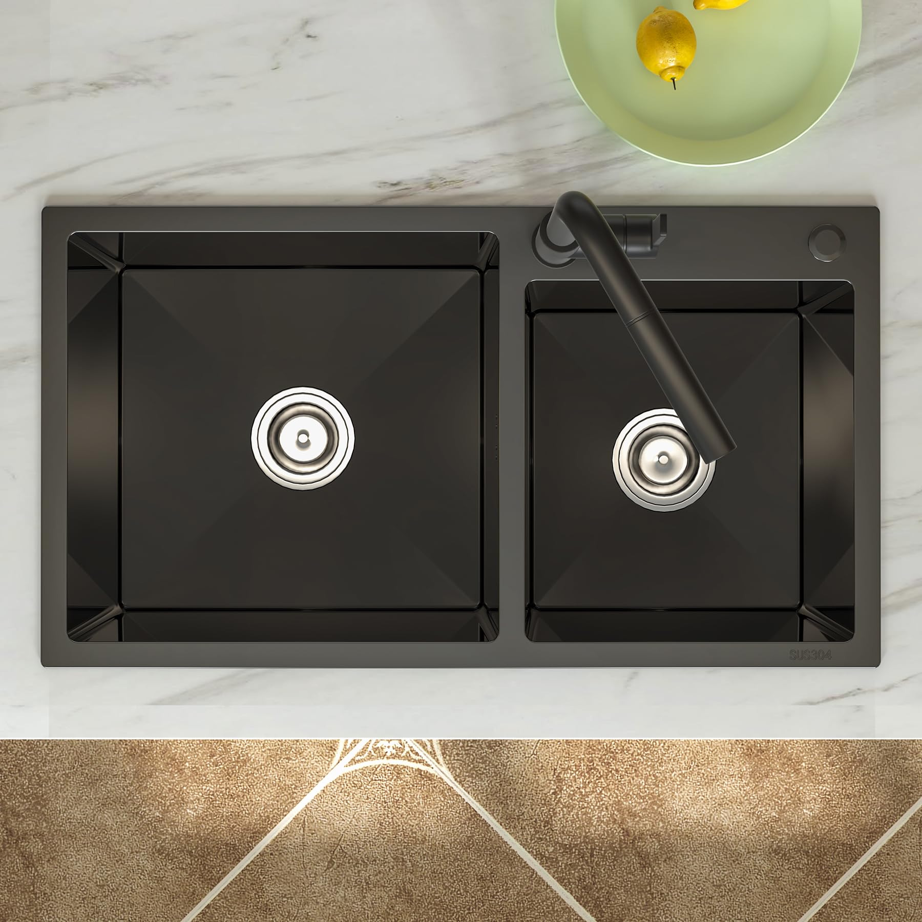 Lavello Cucina Acciaio Inox 2 Fori - 78x43x20cm, Nero, Con Kit Scarico, Fonoassorbente - Foto 8