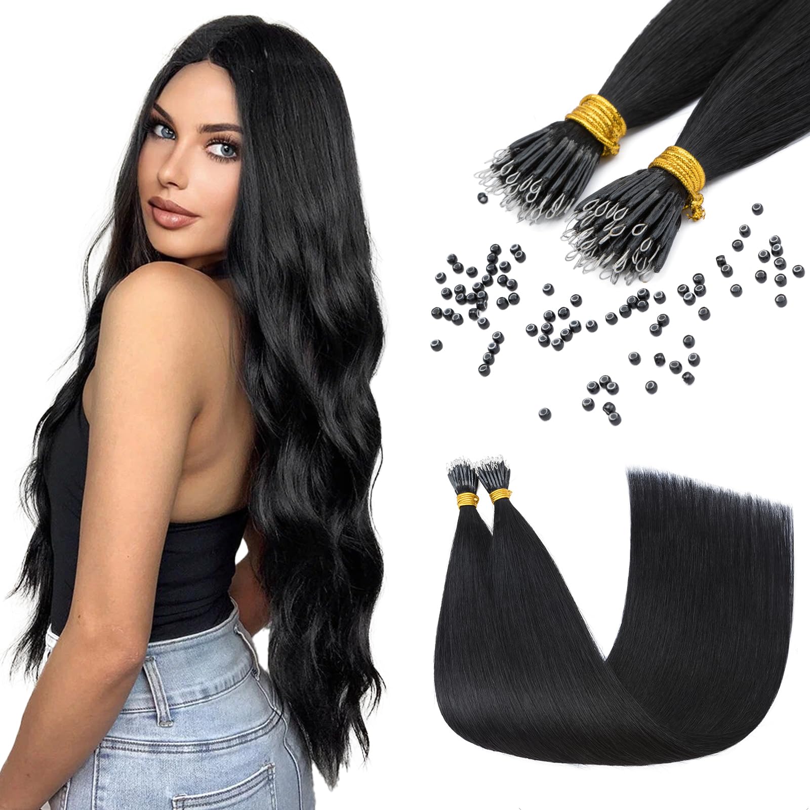 Elailite Nano Beads Hair Extension Real Human Hair With Nano Ring 50 Strands Cold Fusion Straight (#1 Jet Black, 24 Inch)