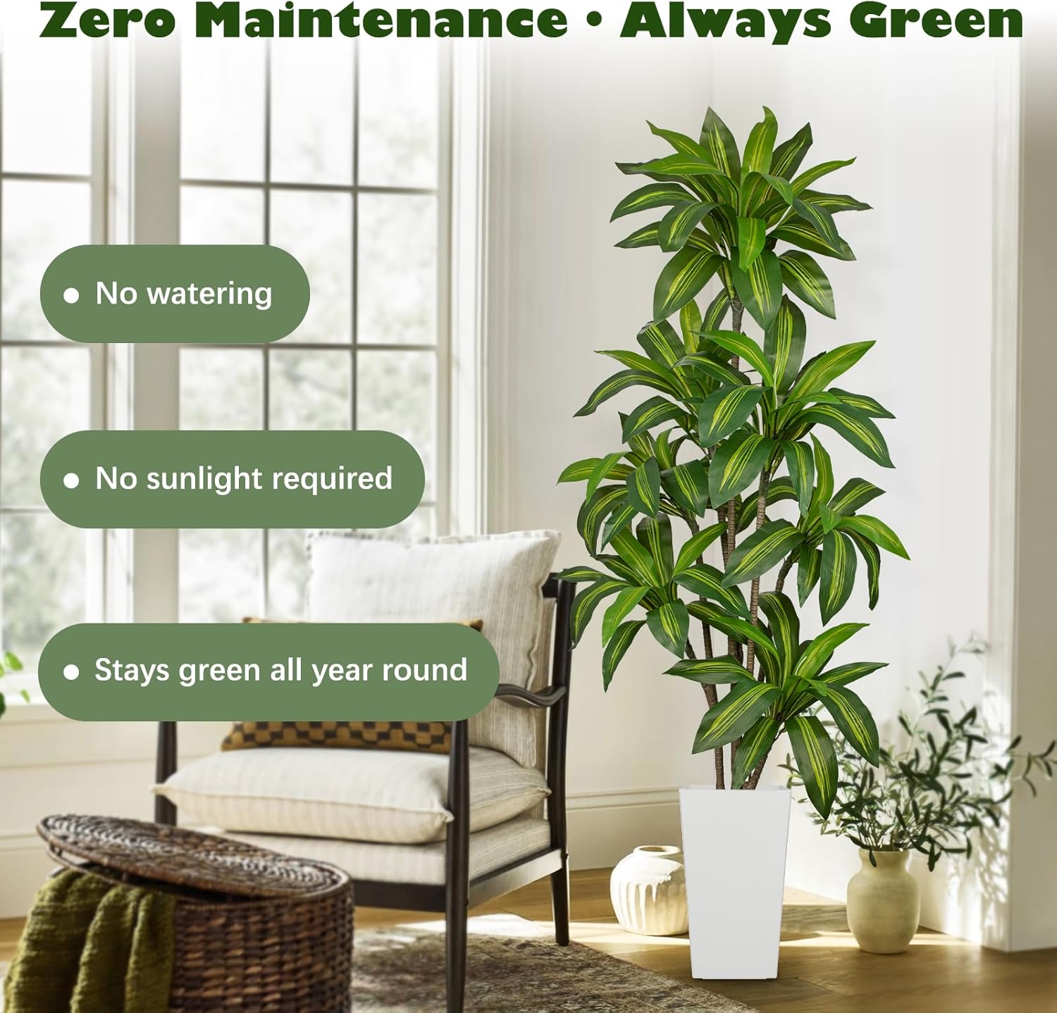 6FT Tall Artificial Dracaena Tree, Lifelike Faux Indoor Fake Floor Plant with White Pot, Faux Tree for Home Office Living Room Entryway Décor - Image 4