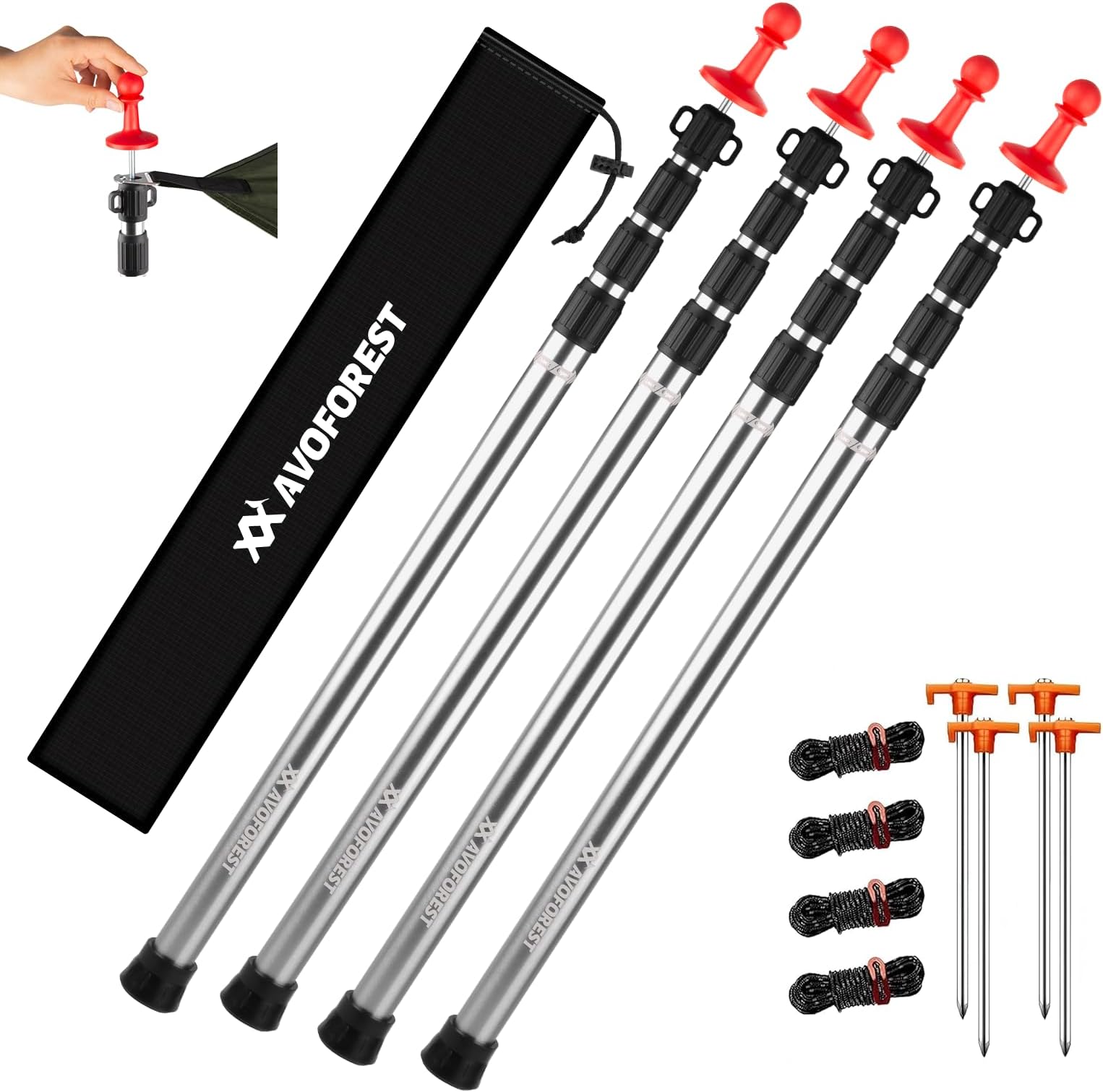 Tarp Poles Heavy Duty Adjustable, AVOFOREST Aviation Aluminum 8.7FT Telescoping Tent Poles with Protection Cap Wind-Resistant Awning Collapsible Poles Set of 4 for Tarps - Canopy - Awning - Hiking