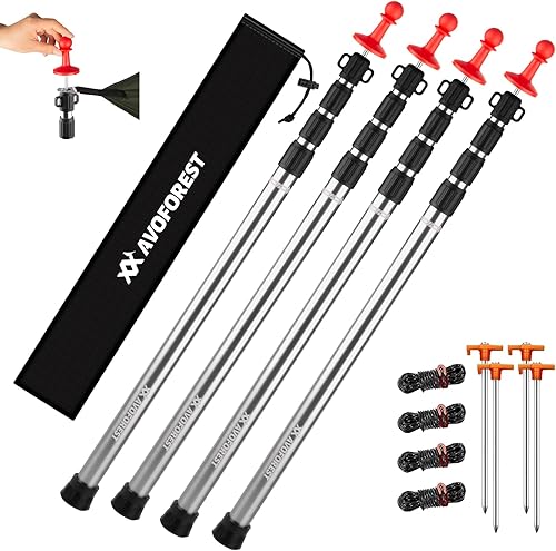 Vista 10 de Bastones de lona resistentes ajustables, AVOFOREST de aluminio para aviación de 2.65 m Postes de tienda de campaña se alargan y engrosan con tapa