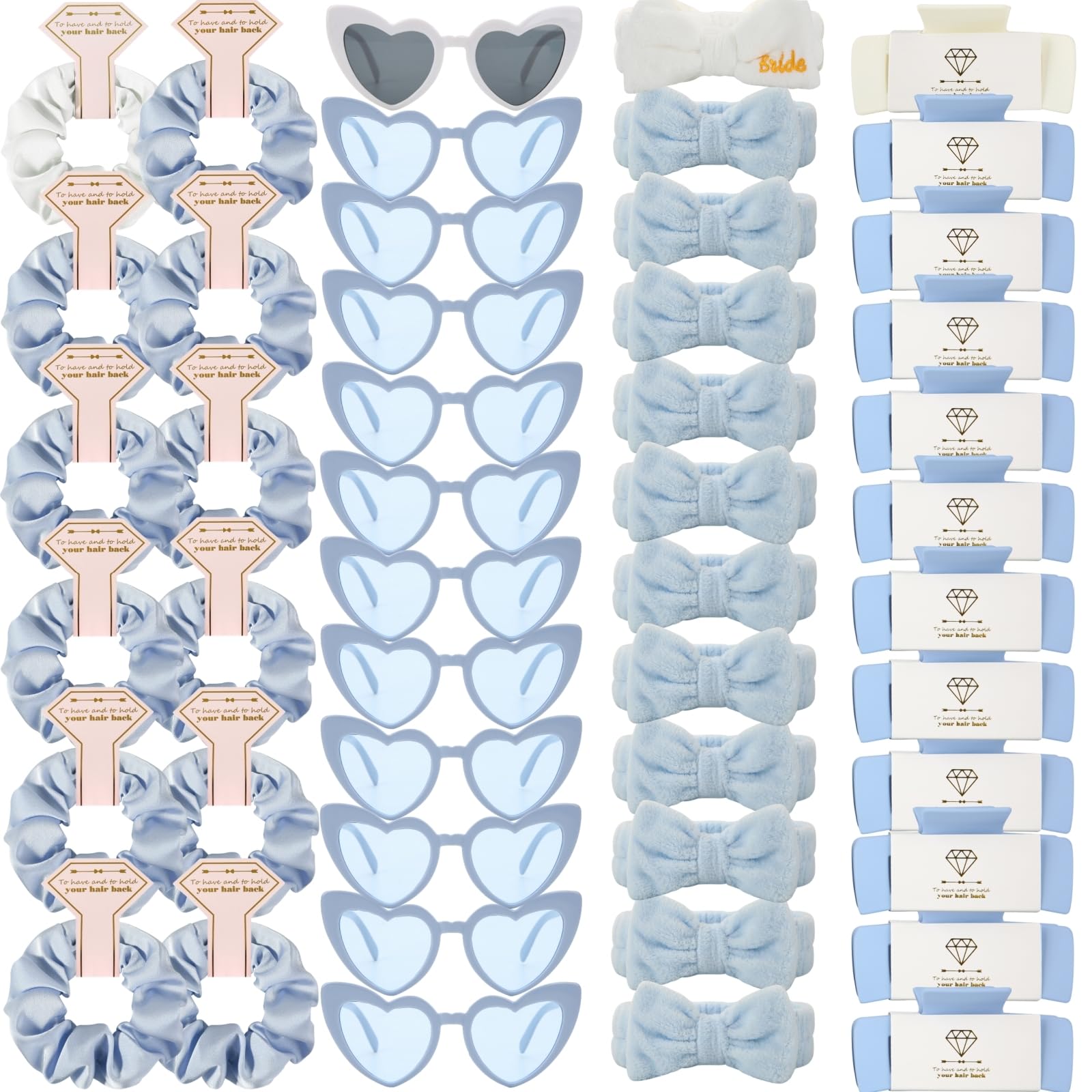 Photo 1 of Loanzeg Bridesmaid Scrunchies Proposal Hair claws clips Set of 12 Bridal Shower heart sunglasses Gifts for Wedding Bachelorette Party Favors (48pcs White&Dusty Blue)
