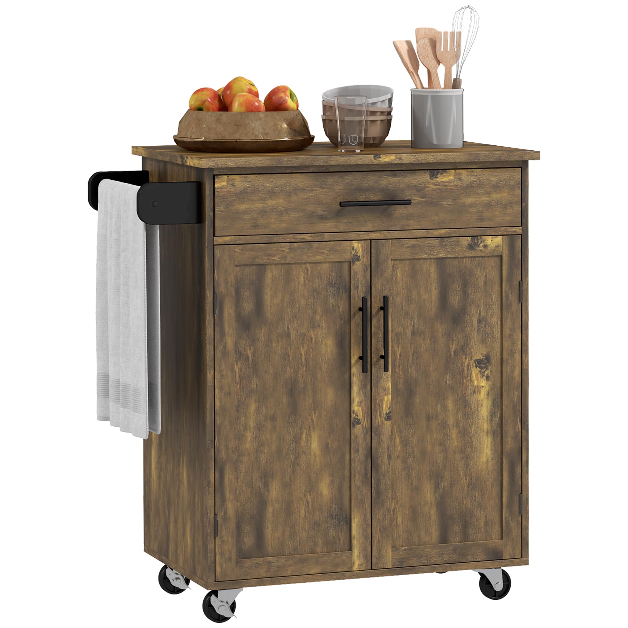 HOMCOM Kitchen Island Cart Rolling Trolley Cart with Drawer, Storage Cabinet & Towel Rack, Rustic Brown