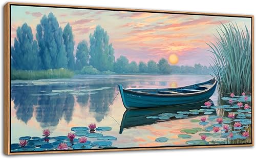 Miniatura 2 de Arte de pared de paisaje de verano, pinturas en lienzo enmarcadas en lago, decoración de pared de bosque, pintura verde, barco, obras de arte para