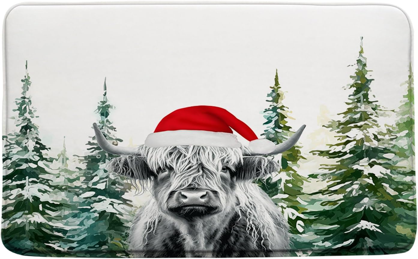 Sunhe Christmas Highland Cow Bath Mat Winter Holiday Farm Animal Longhorn Bull Rustic Farmhouse Festival Memory Foam Home Office Door Bathroom Decor Mat,17.8"x29.5"and 24"x36"