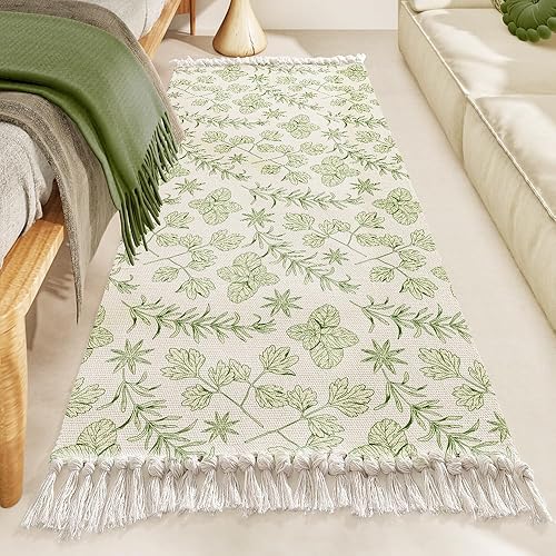 Miniatura 2 de Alfombra botánica de 2 x 6 pies, con borlas y hojas verdes, para pasillo, dormitorio, sala de estar, baño, cocina, mezcla de algodón de calidad,